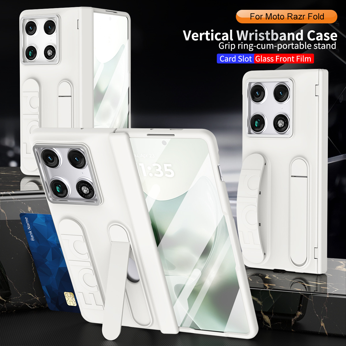 Compatible with Moto Razr Fold folding phone case, card slot holder, wrist strap, hinge case, screen protector, full-coverage protective case