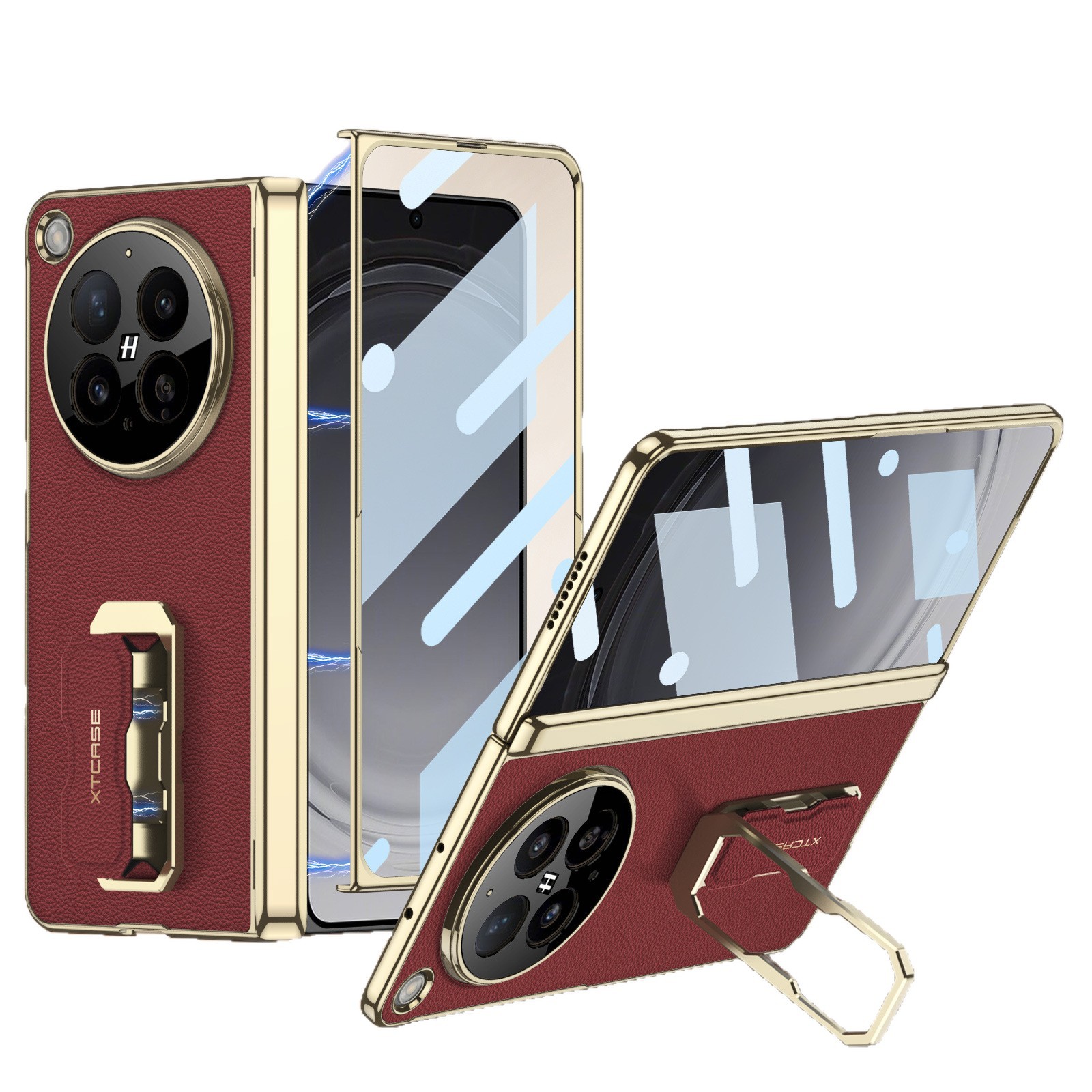 Compatible with OPPO Find N6 phone case, vegan leather, electroplated, magnetic hinge, N6 wrist strap, rotating stand, full-coverage case and film.