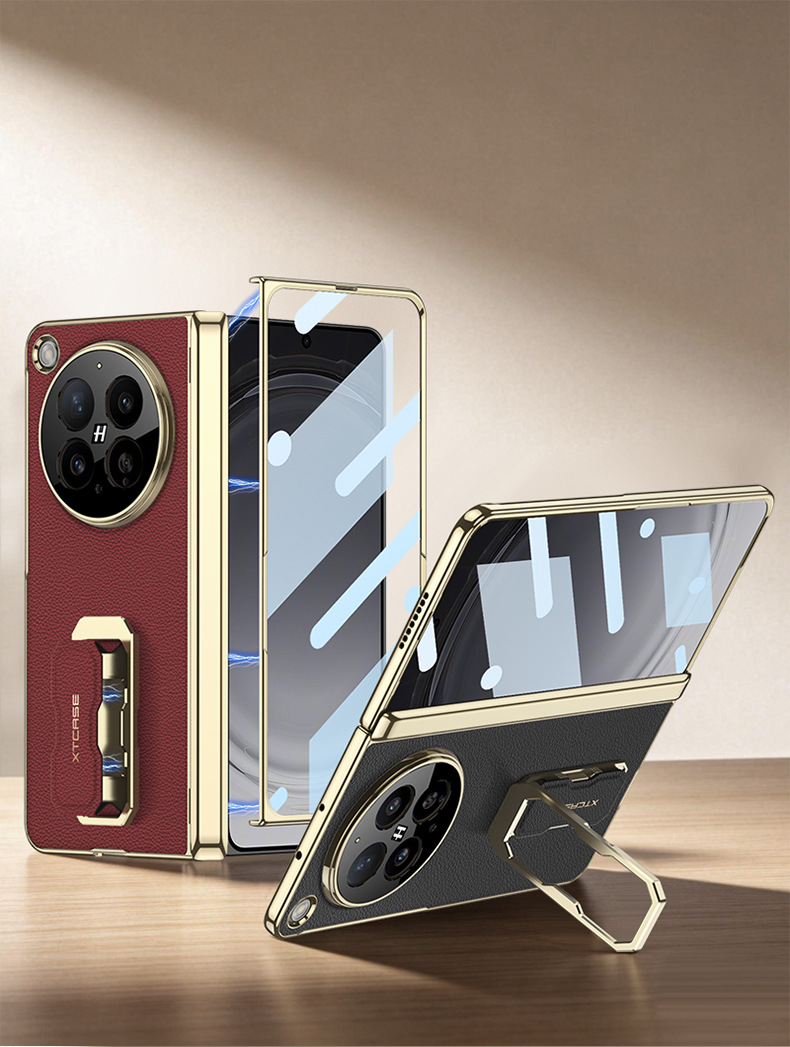 Compatible with OPPO Find N6 phone case, vegan leather, electroplated, magnetic hinge, N6 wrist strap, rotating stand, full-coverage case and film.