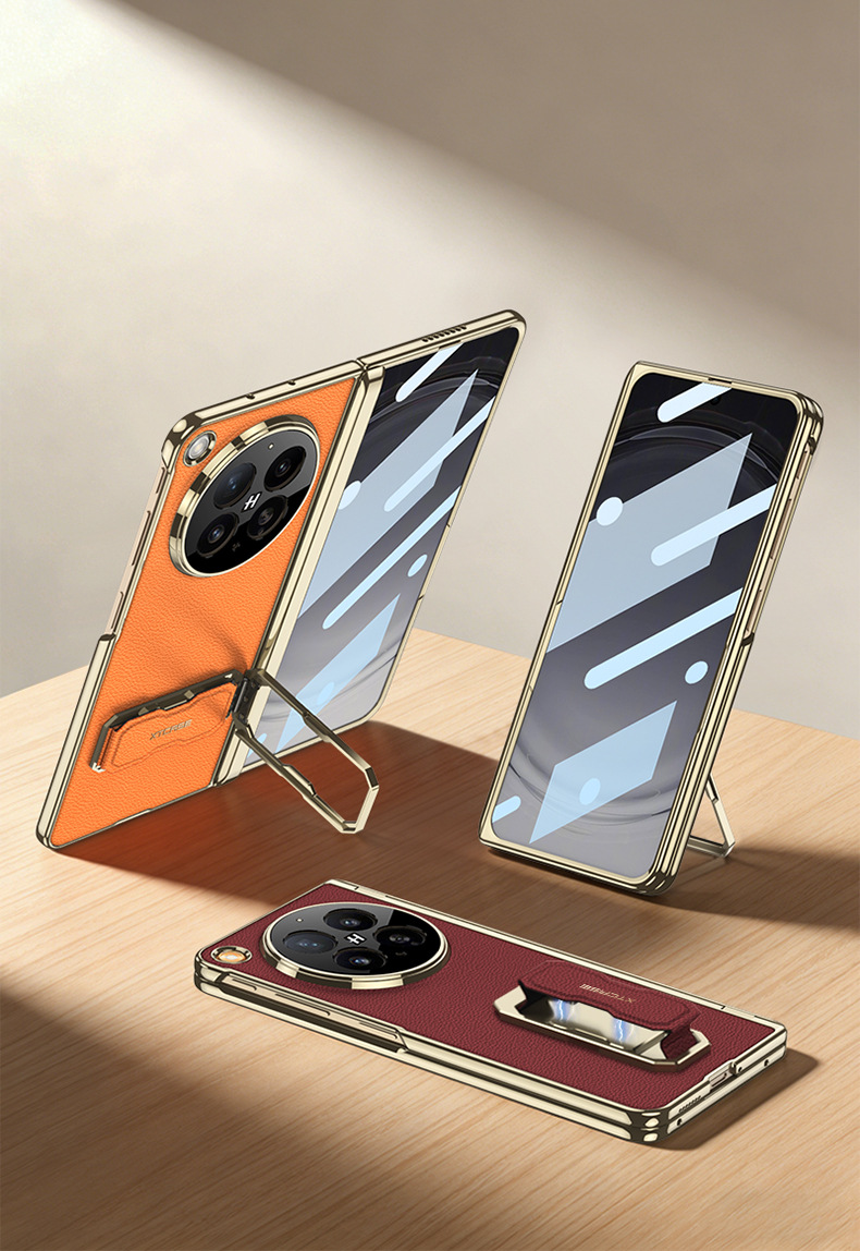 Compatible with OPPO Find N6 phone case, vegan leather, electroplated, magnetic hinge, N6 wrist strap, rotating stand, full-coverage case and film.
