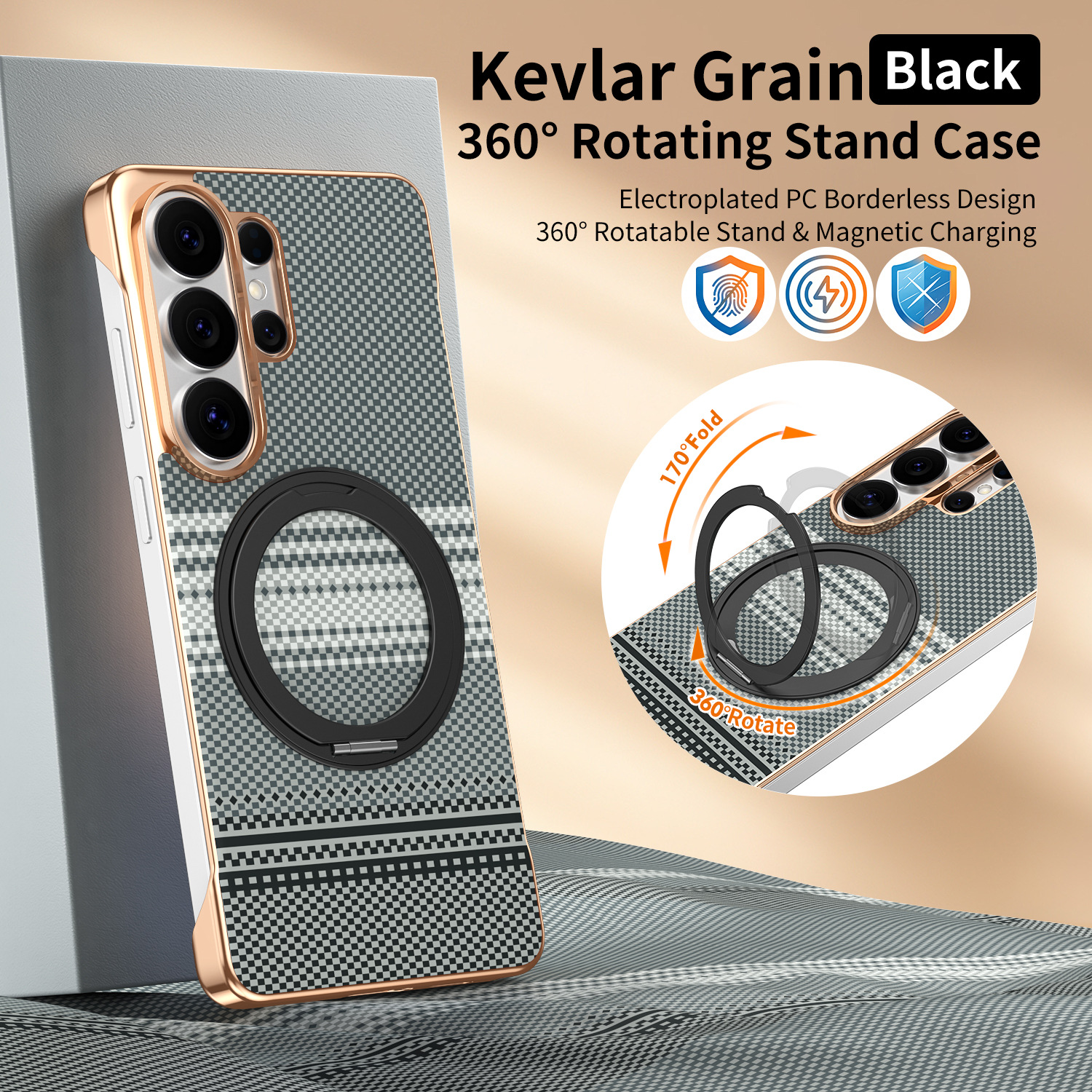 Compatible with Samsung S26 Ultra phone case, rotating magnetic stand, S25 Ultra frameless hard case, Kevlar texture