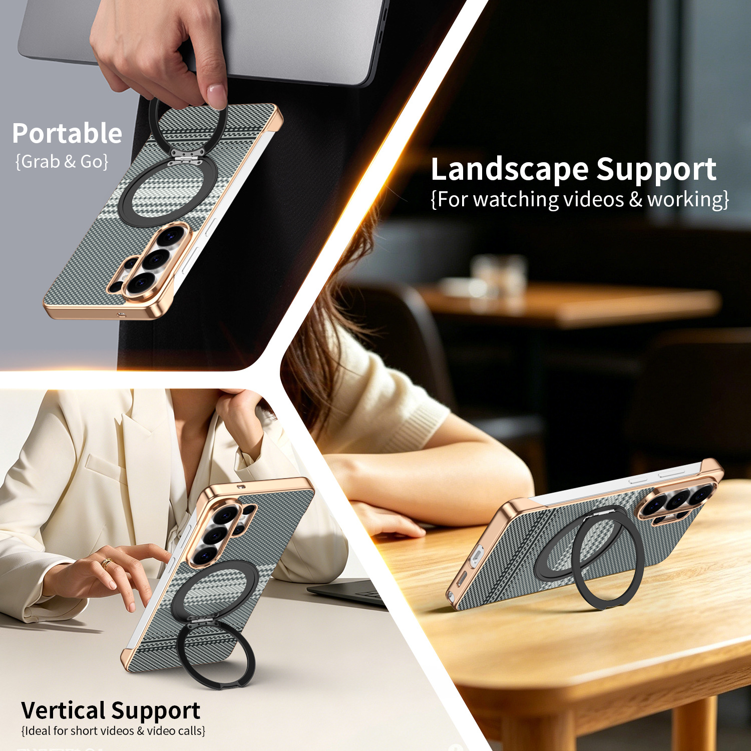 Compatible with Samsung S26 Ultra phone case, rotating magnetic stand, S25 Ultra frameless hard case, Kevlar texture