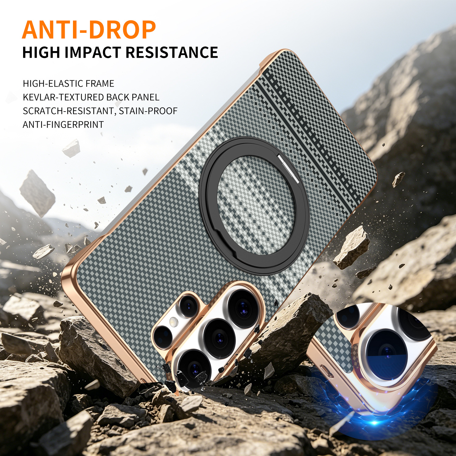 Compatible with Samsung S26 Ultra phone case, rotating magnetic stand, S25 Ultra frameless hard case, Kevlar texture
