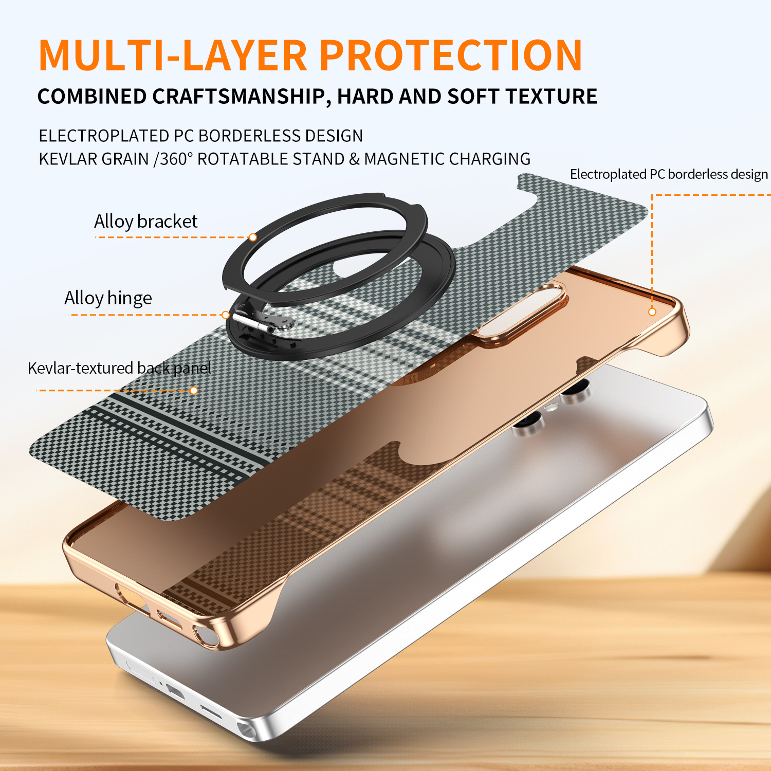 Compatible with Samsung S26 Ultra phone case, rotating magnetic stand, S25 Ultra frameless hard case, Kevlar texture