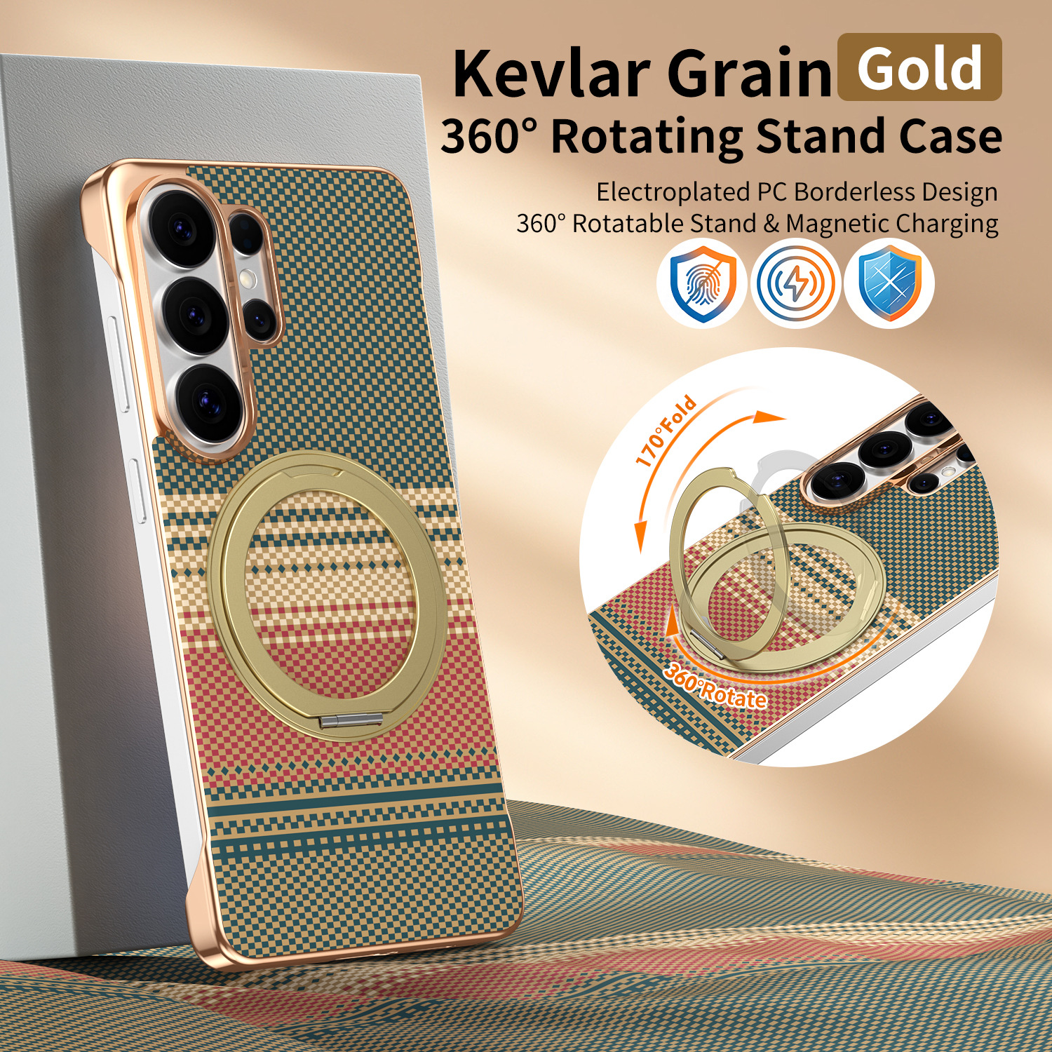 Compatible with Samsung S26 Ultra phone case, rotating magnetic stand, S25 Ultra frameless hard case, Kevlar texture