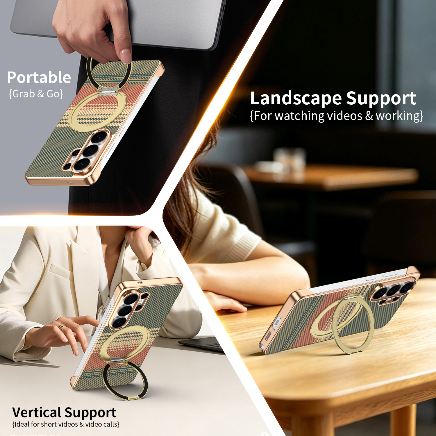 Compatible with Samsung S26 Ultra phone case, rotating magnetic stand, S25 Ultra frameless hard case, Kevlar texture
