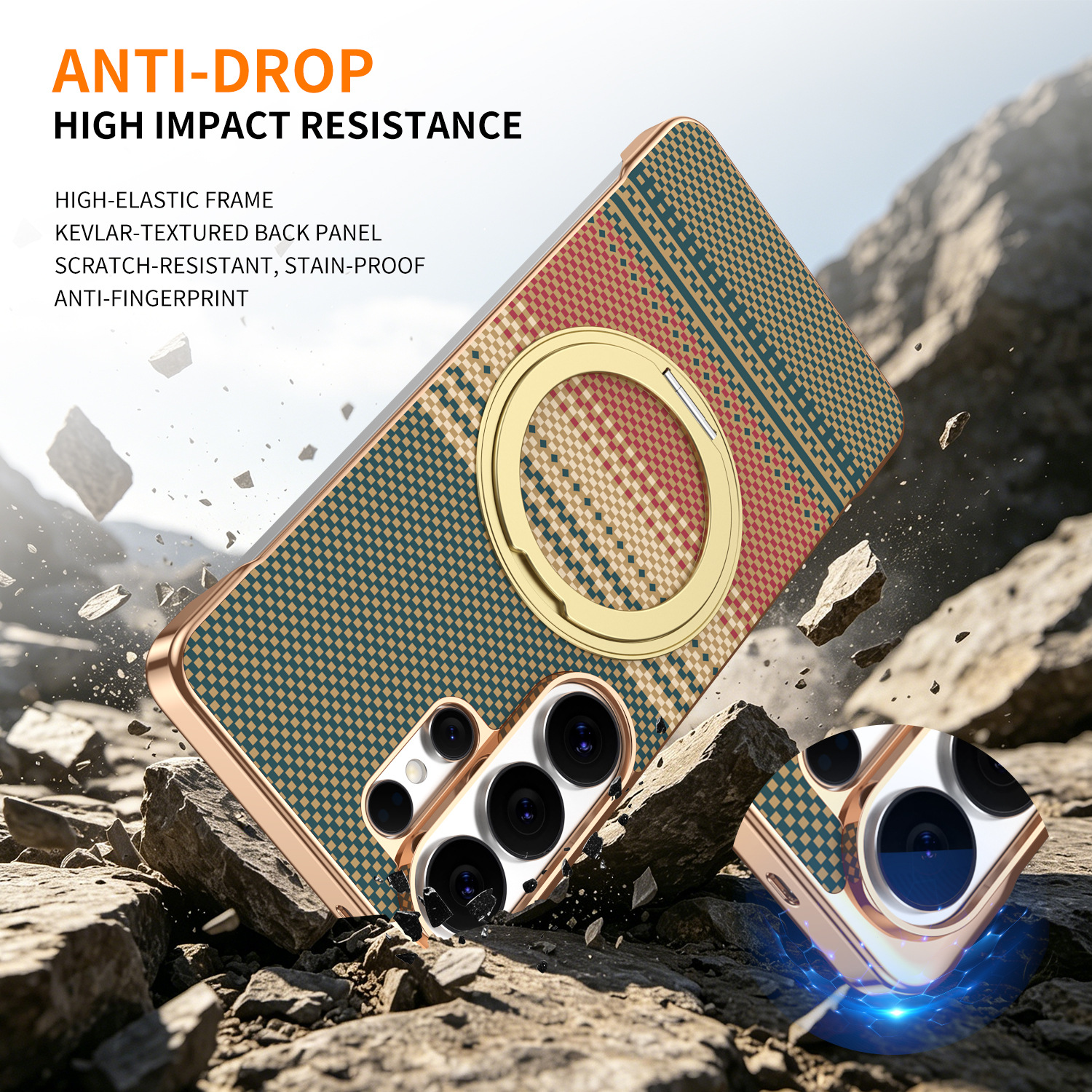 Compatible with Samsung S26 Ultra phone case, rotating magnetic stand, S25 Ultra frameless hard case, Kevlar texture