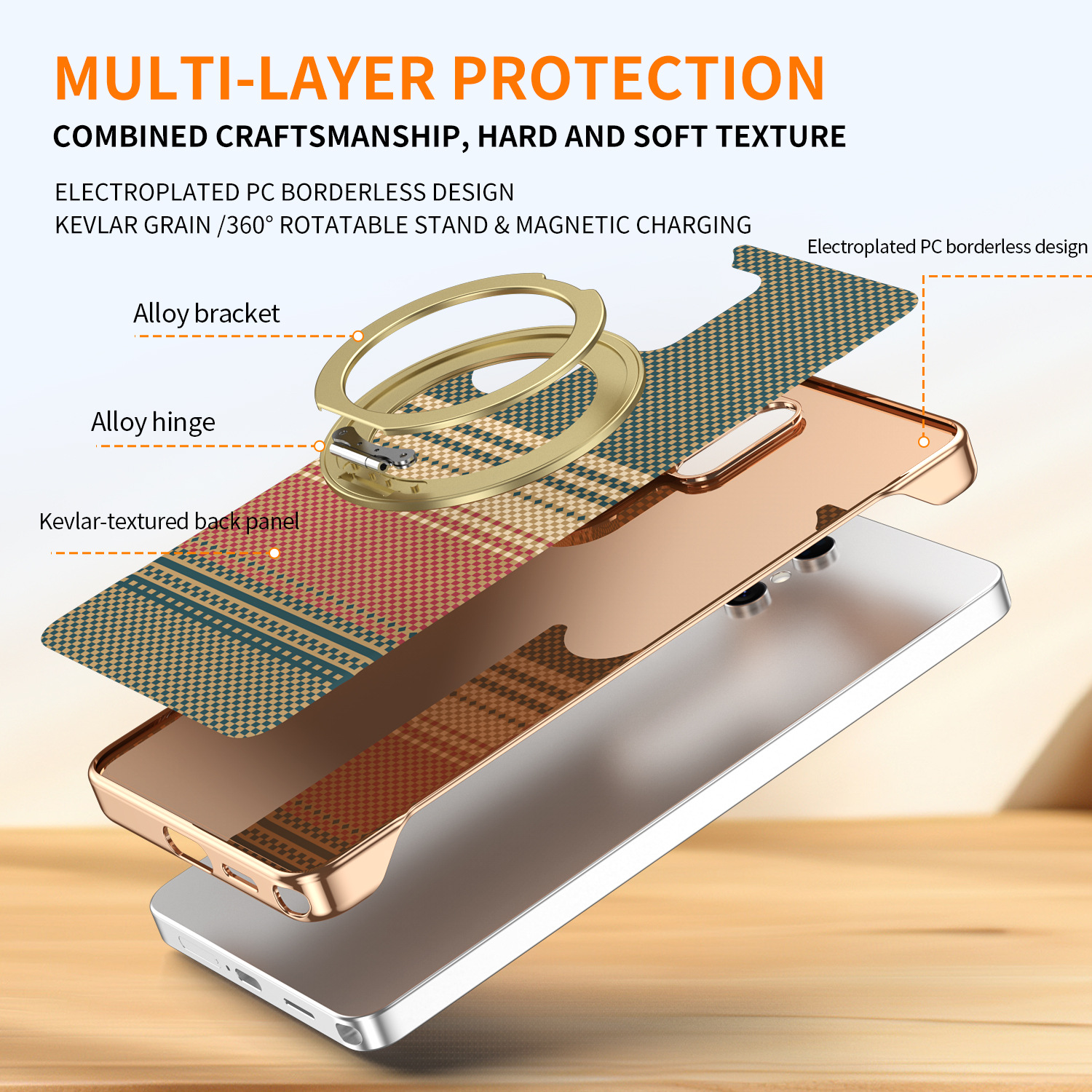 Compatible with Samsung S26 Ultra phone case, rotating magnetic stand, S25 Ultra frameless hard case, Kevlar texture