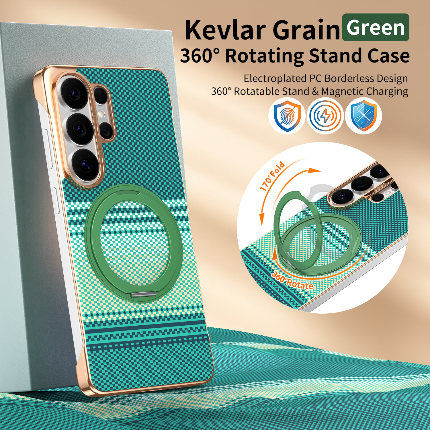 Compatible with Samsung S26 Ultra phone case, rotating magnetic stand, S25 Ultra frameless hard case, Kevlar texture