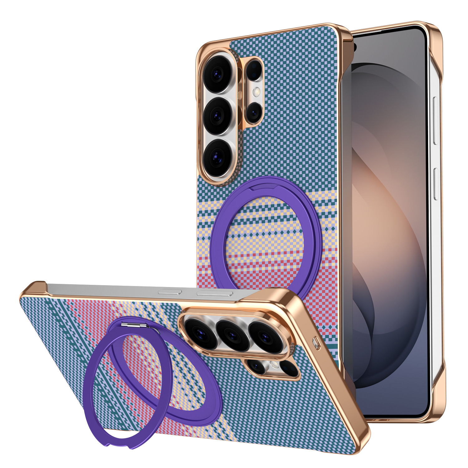 Compatible with Samsung S26 Ultra phone case, rotating magnetic stand, S25 Ultra frameless hard case, Kevlar texture
