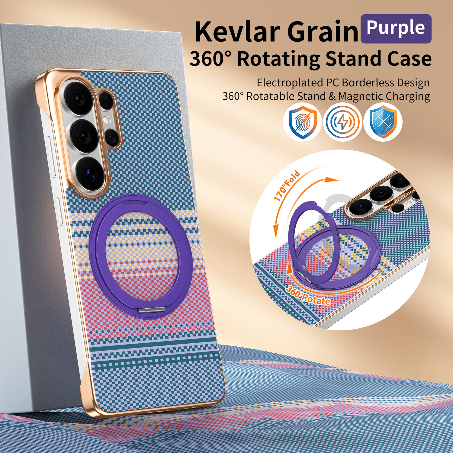 Compatible with Samsung S26 Ultra phone case, rotating magnetic stand, S25 Ultra frameless hard case, Kevlar texture