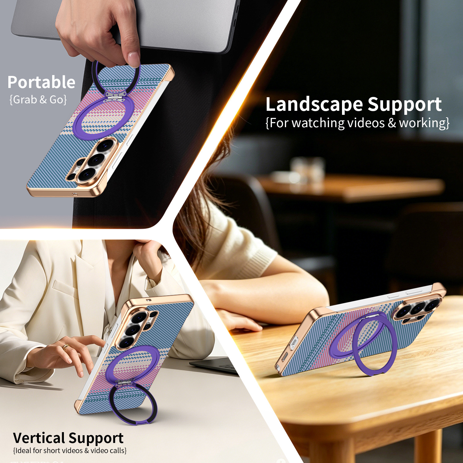 Compatible with Samsung S26 Ultra phone case, rotating magnetic stand, S25 Ultra frameless hard case, Kevlar texture