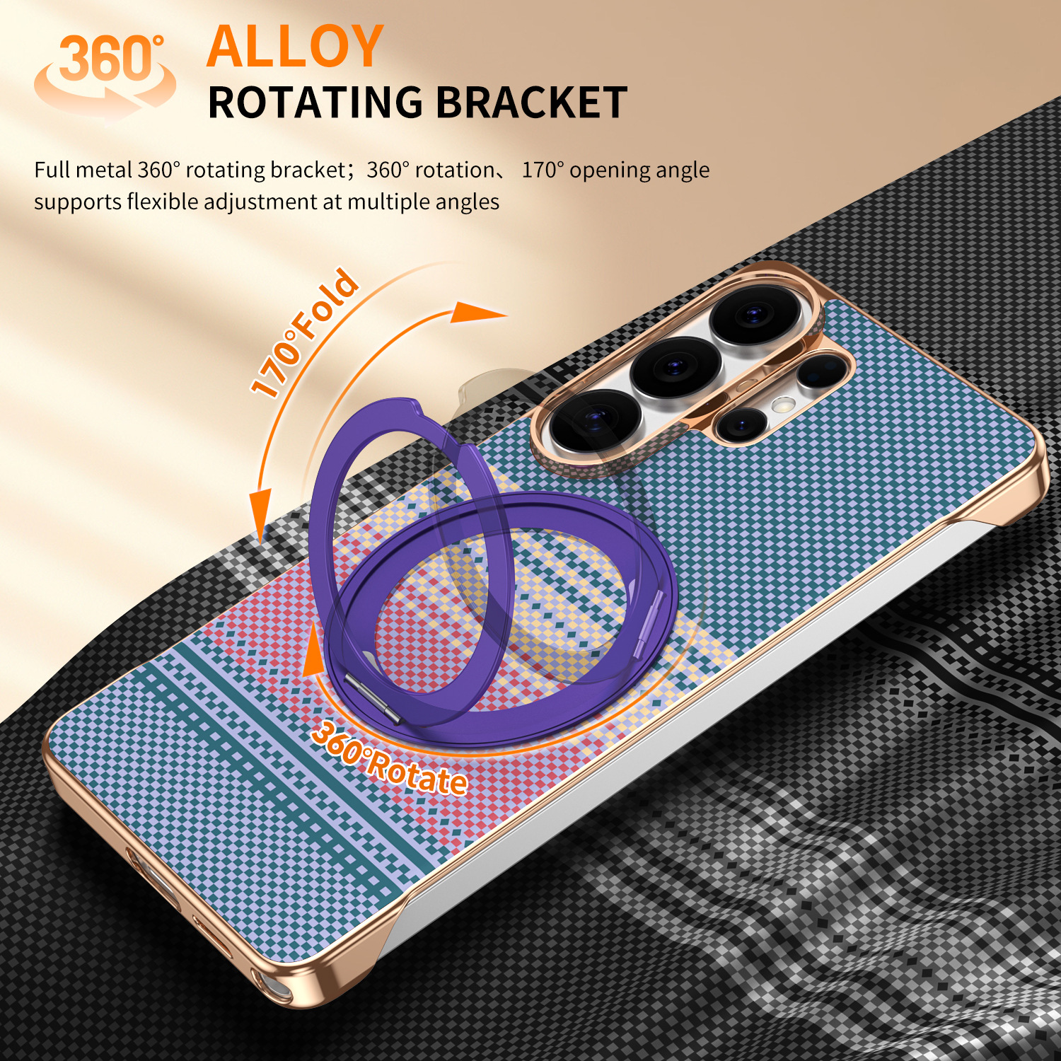 Compatible with Samsung S26 Ultra phone case, rotating magnetic stand, S25 Ultra frameless hard case, Kevlar texture