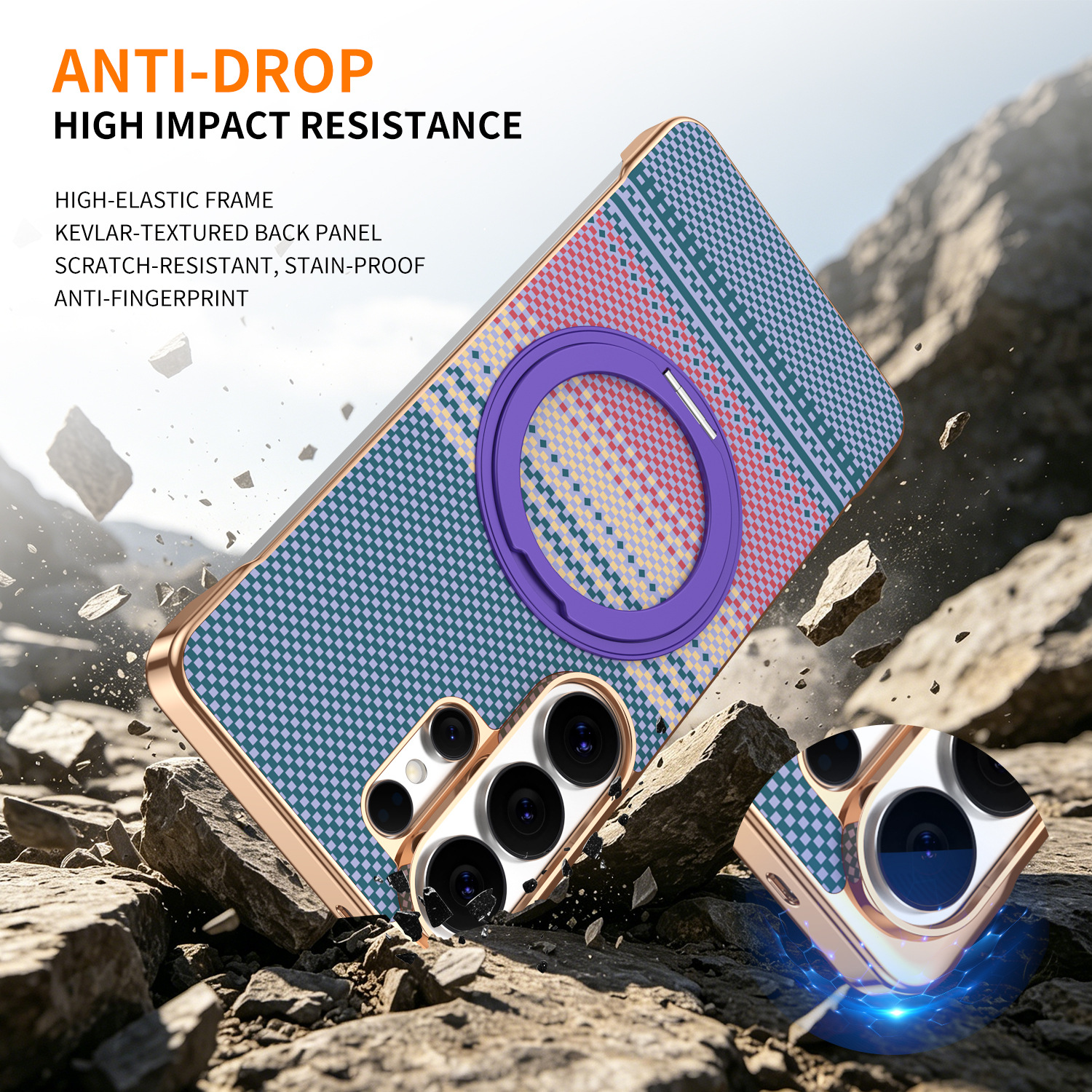 Compatible with Samsung S26 Ultra phone case, rotating magnetic stand, S25 Ultra frameless hard case, Kevlar texture