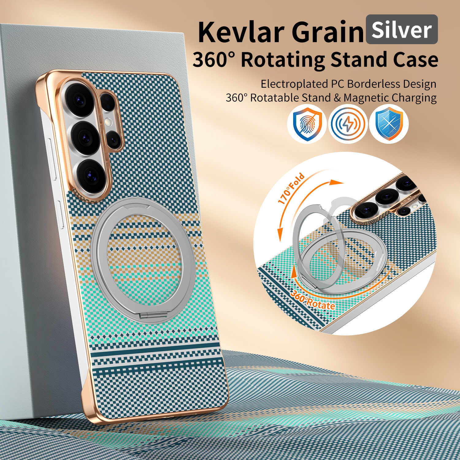 Compatible with Samsung S26 Ultra phone case, rotating magnetic stand, S25 Ultra frameless hard case, Kevlar texture
