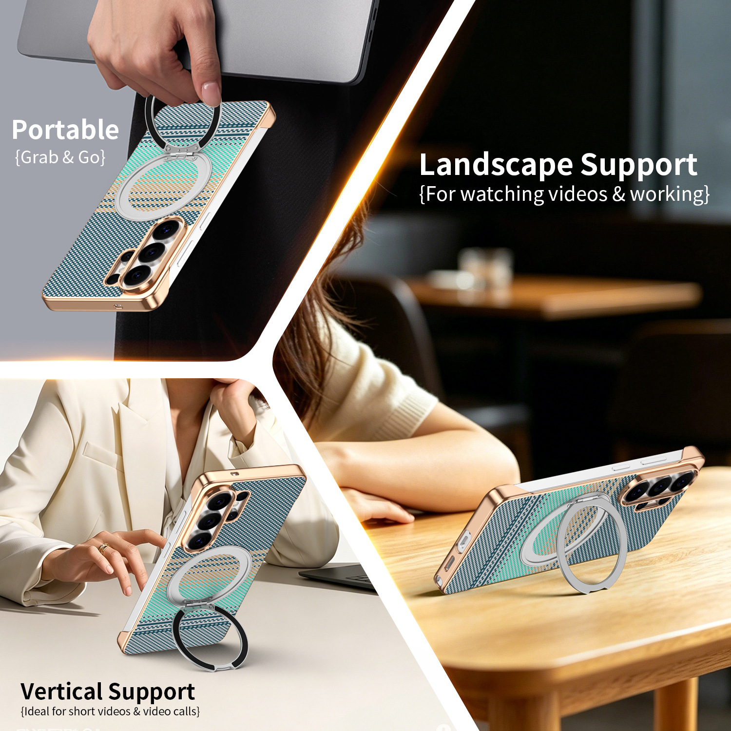 Compatible with Samsung S26 Ultra phone case, rotating magnetic stand, S25 Ultra frameless hard case, Kevlar texture