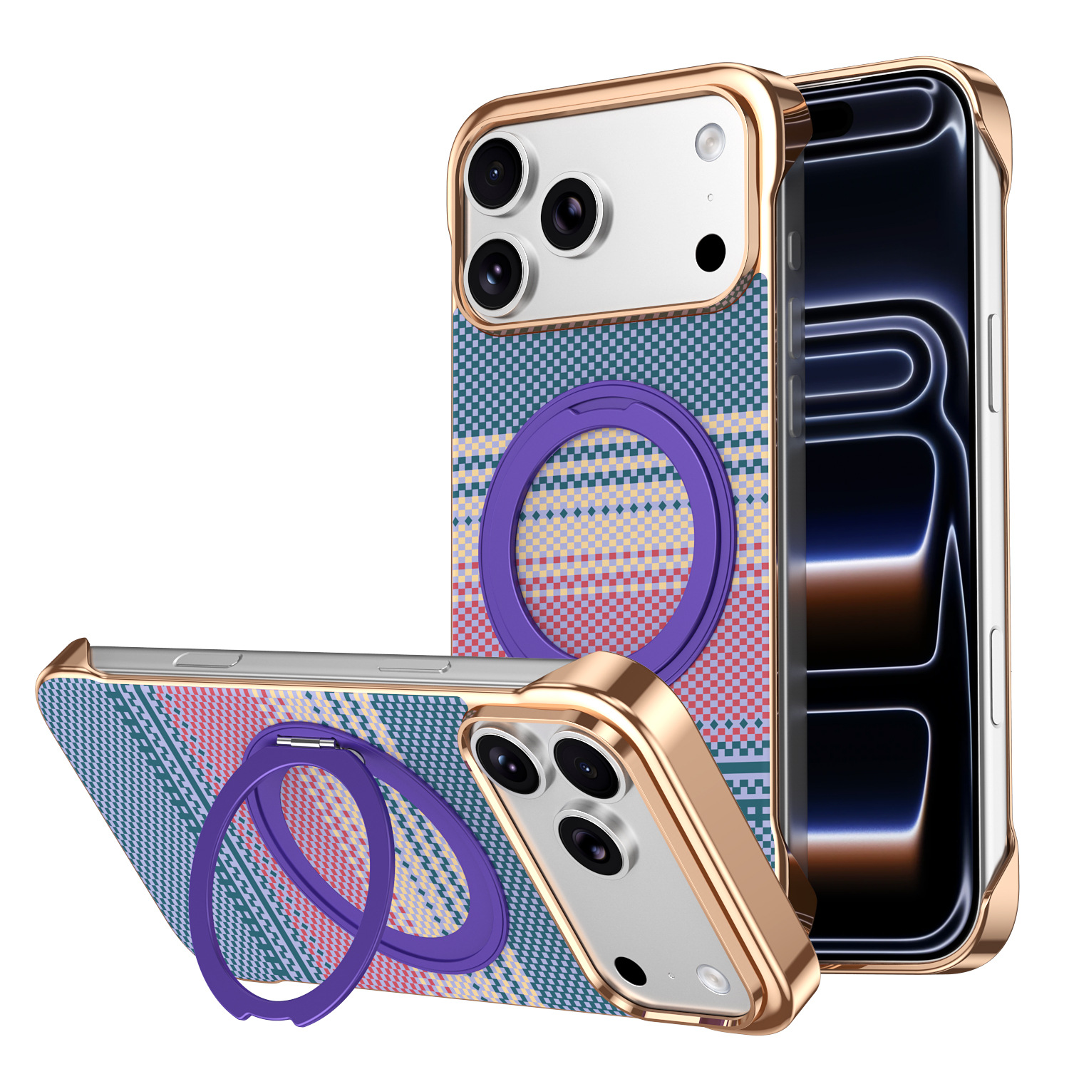 Compatible with Apple 17 Pro Max phone case, 16 Pro magnetic rotating ring holder, 15/14mm skin-feel semi-enclosed back cover