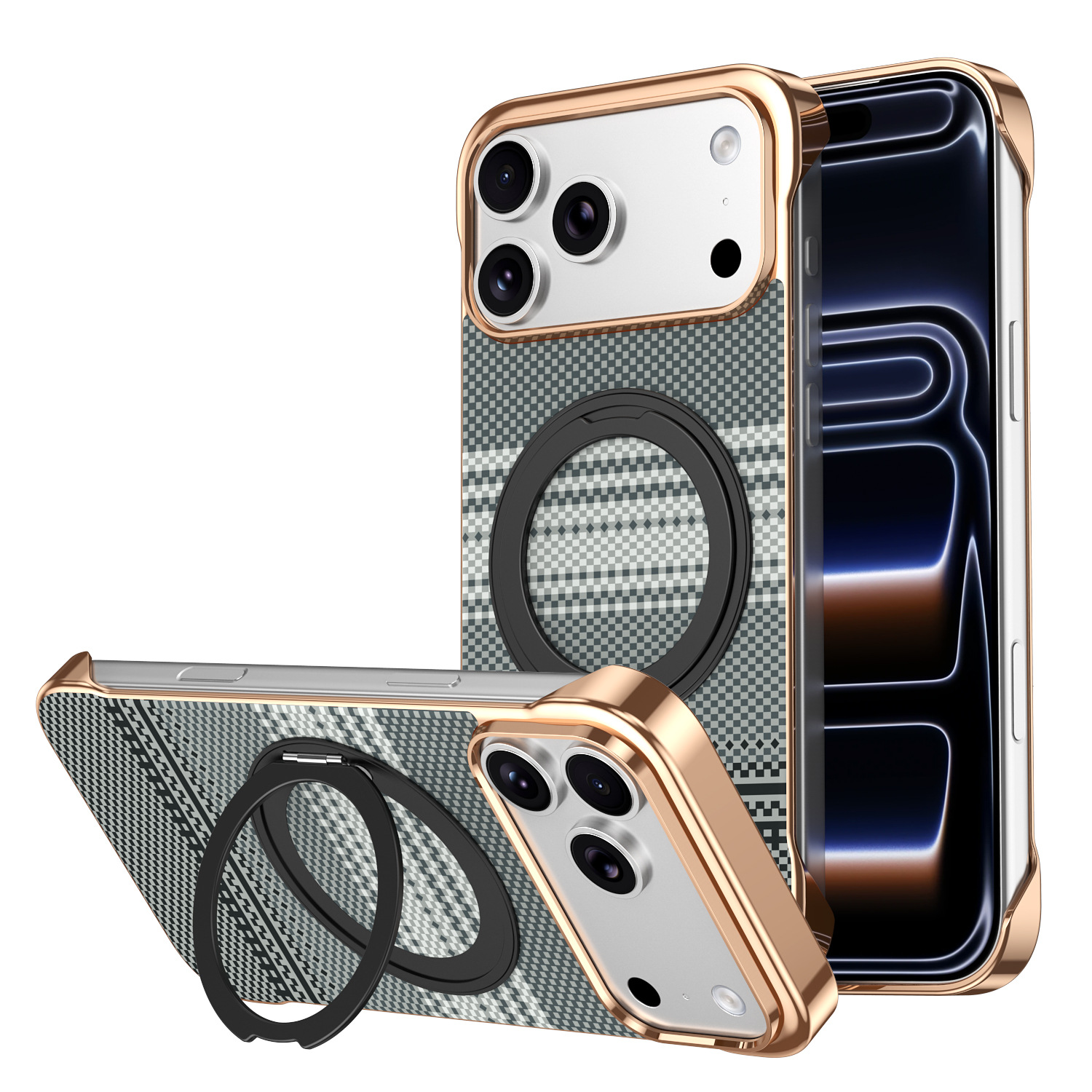Compatible with Apple 17 Pro Max phone case, 16 Pro magnetic rotating ring holder, 15/14mm skin-feel semi-enclosed back cover