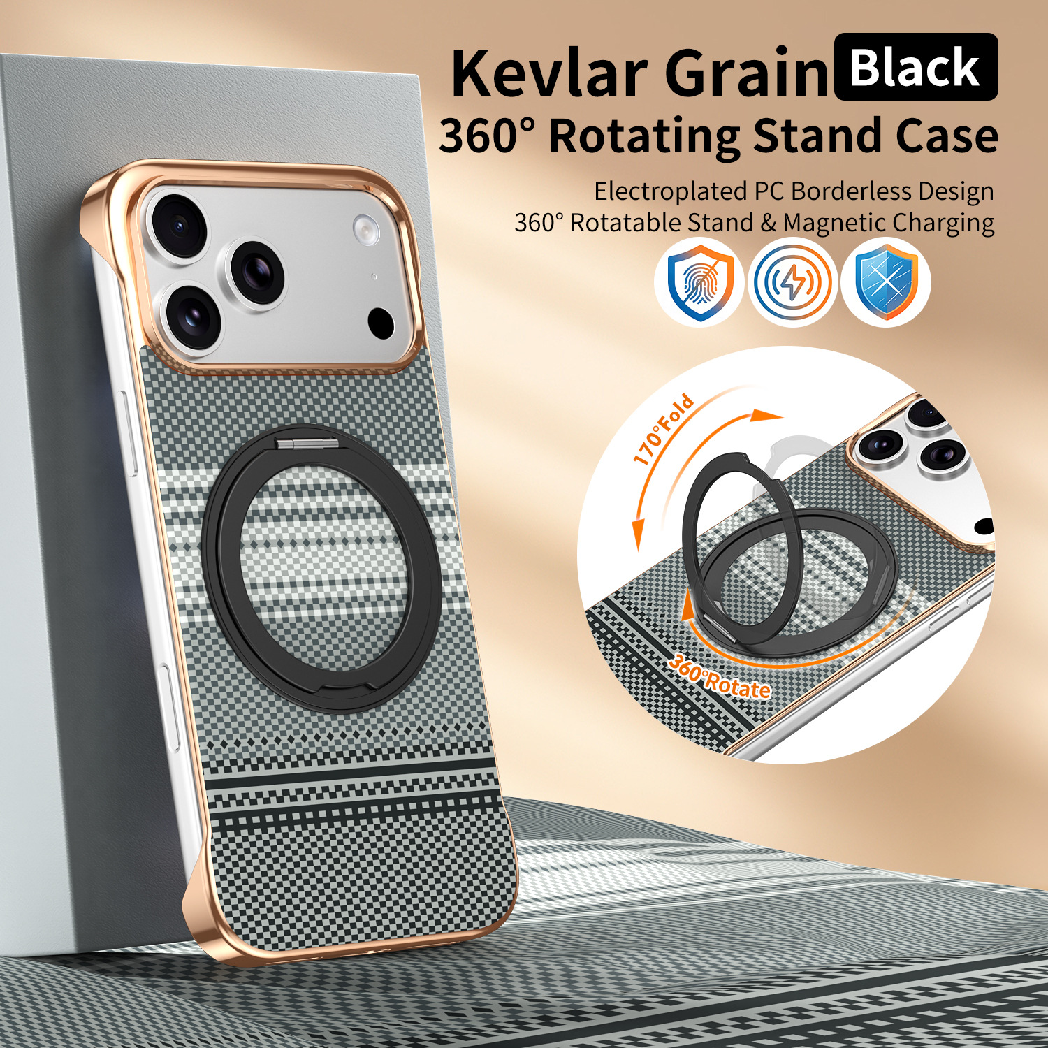 Compatible with Apple 17 Pro Max phone case, 16 Pro magnetic rotating ring holder, 15/14mm skin-feel semi-enclosed back cover