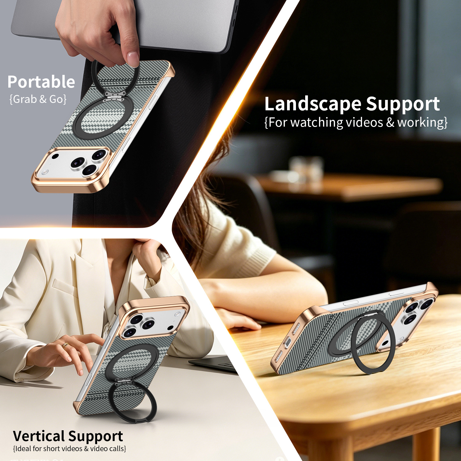 Compatible with Apple 17 Pro Max phone case, 16 Pro magnetic rotating ring holder, 15/14mm skin-feel semi-enclosed back cover