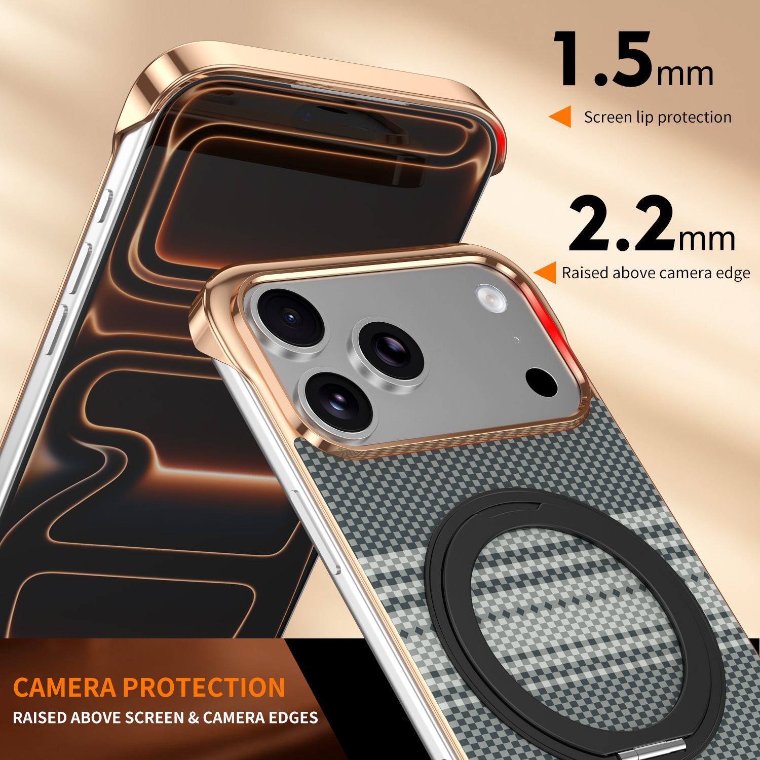 Compatible with Apple 17 Pro Max phone case, 16 Pro magnetic rotating ring holder, 15/14mm skin-feel semi-enclosed back cover
