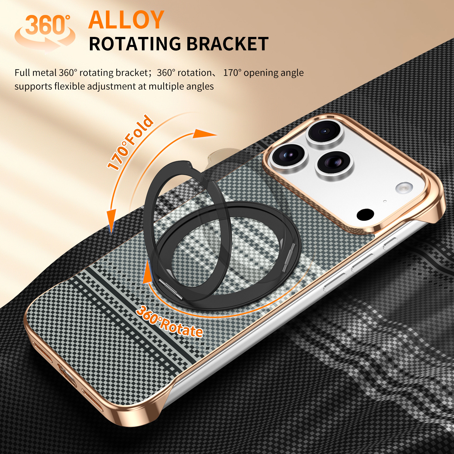 Compatible with Apple 17 Pro Max phone case, 16 Pro magnetic rotating ring holder, 15/14mm skin-feel semi-enclosed back cover