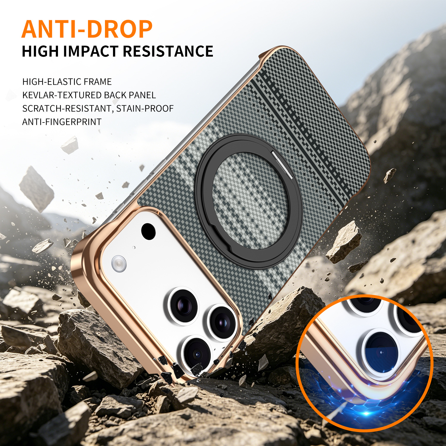 Compatible with Apple 17 Pro Max phone case, 16 Pro magnetic rotating ring holder, 15/14mm skin-feel semi-enclosed back cover