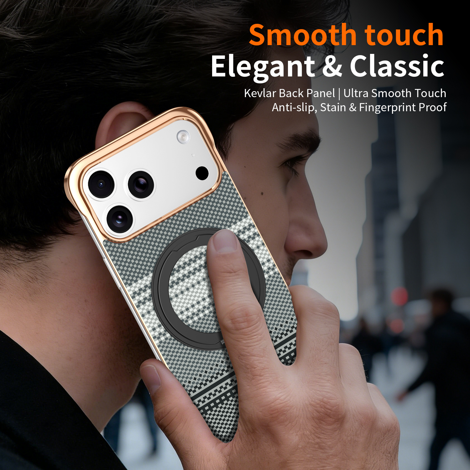 Compatible with Apple 17 Pro Max phone case, 16 Pro magnetic rotating ring holder, 15/14mm skin-feel semi-enclosed back cover