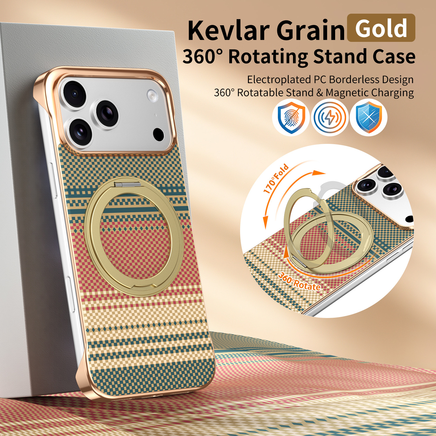 Compatible with Apple 17 Pro Max phone case, 16 Pro magnetic rotating ring holder, 15/14mm skin-feel semi-enclosed back cover