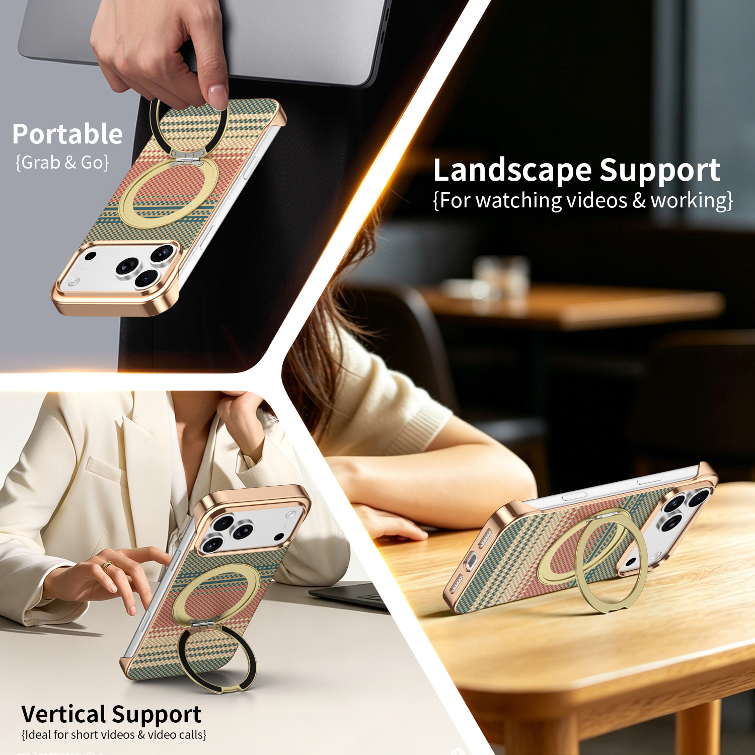 Compatible with Apple 17 Pro Max phone case, 16 Pro magnetic rotating ring holder, 15/14mm skin-feel semi-enclosed back cover