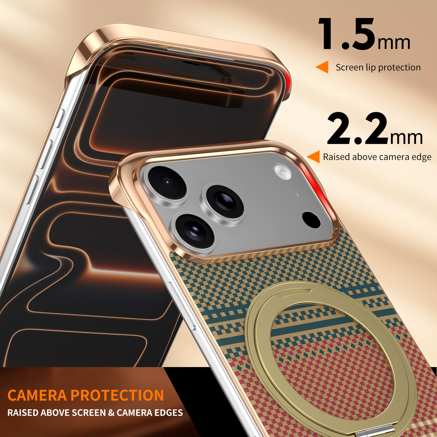Compatible with Apple 17 Pro Max phone case, 16 Pro magnetic rotating ring holder, 15/14mm skin-feel semi-enclosed back cover