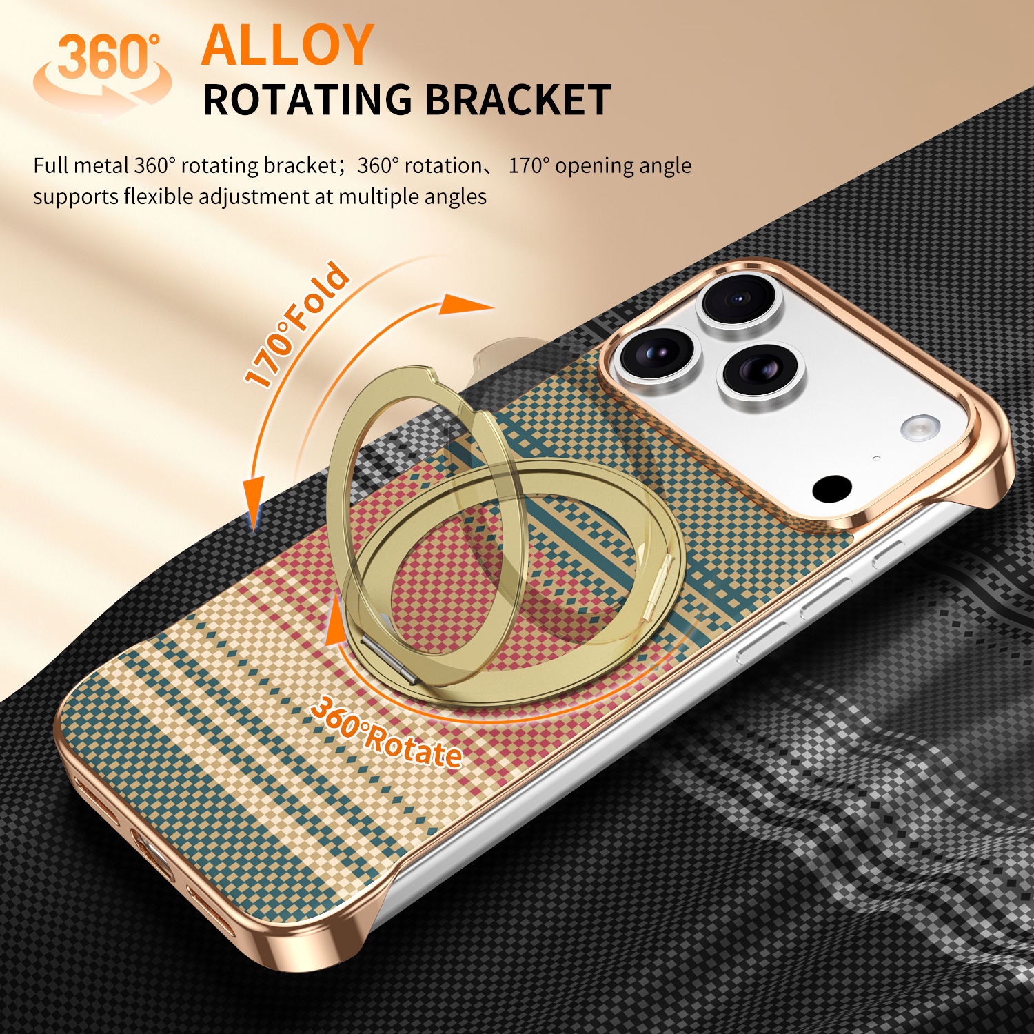 Compatible with Apple 17 Pro Max phone case, 16 Pro magnetic rotating ring holder, 15/14mm skin-feel semi-enclosed back cover