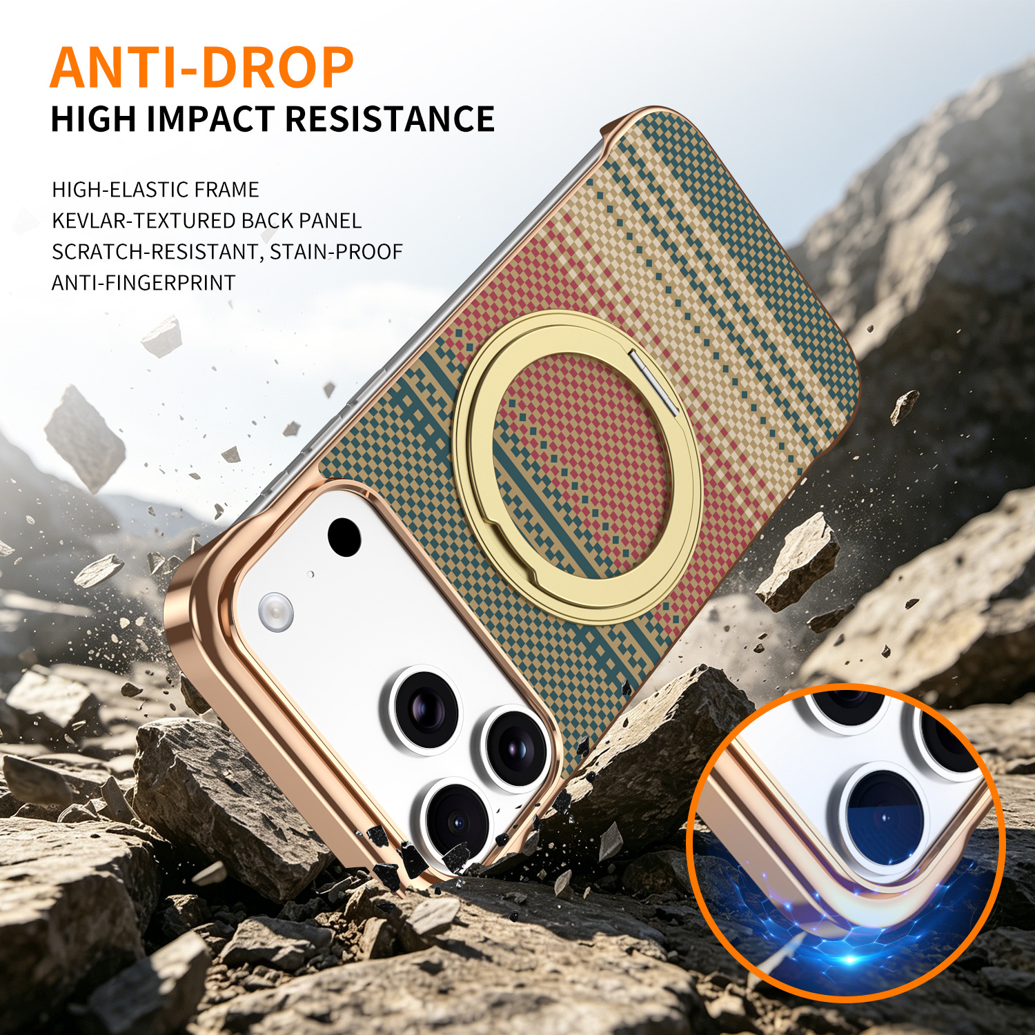 Compatible with Apple 17 Pro Max phone case, 16 Pro magnetic rotating ring holder, 15/14mm skin-feel semi-enclosed back cover