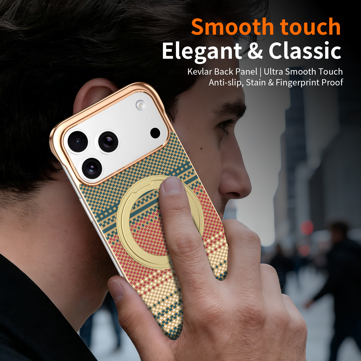 Compatible with Apple 17 Pro Max phone case, 16 Pro magnetic rotating ring holder, 15/14mm skin-feel semi-enclosed back cover
