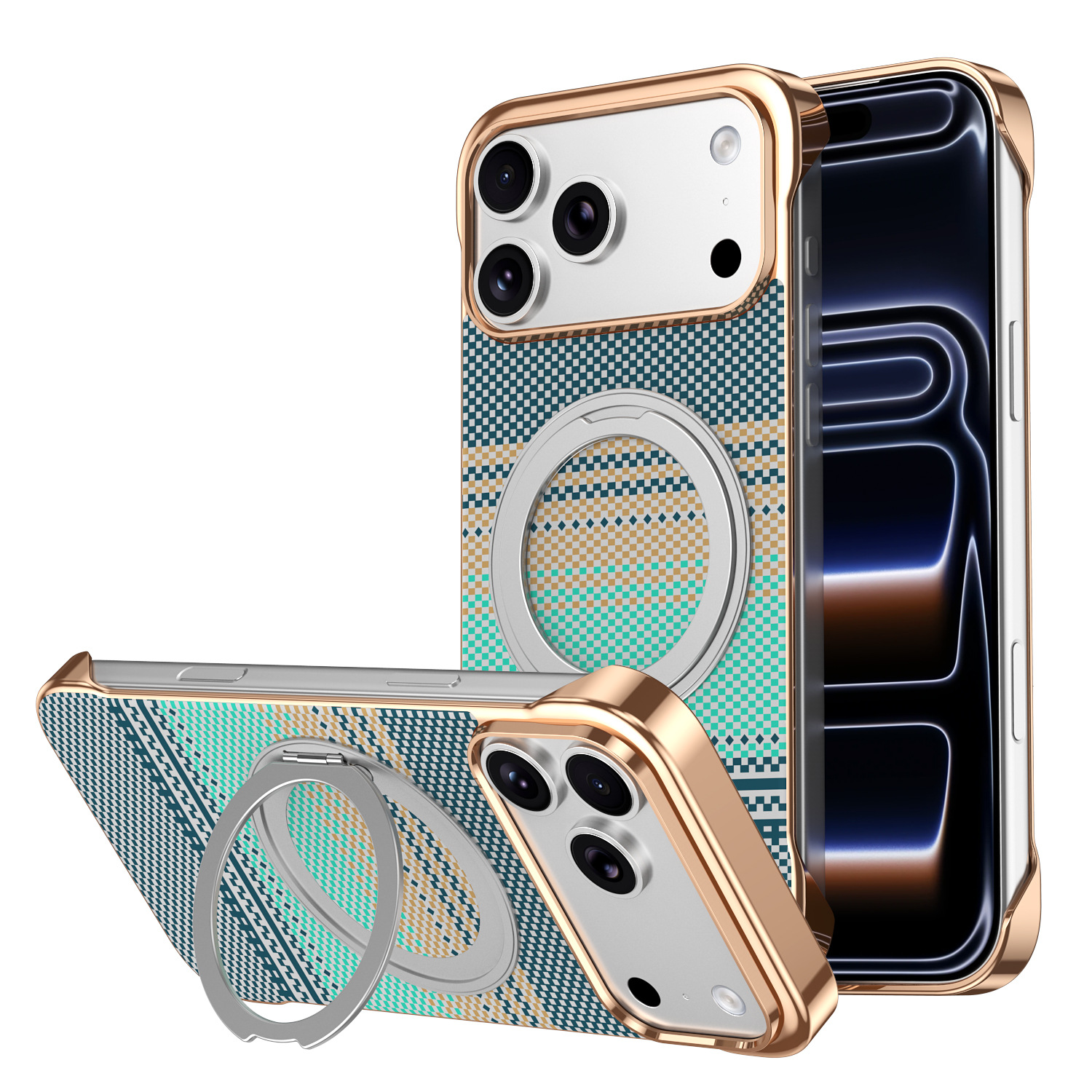 Compatible with Apple 17 Pro Max phone case, 16 Pro magnetic rotating ring holder, 15/14mm skin-feel semi-enclosed back cover