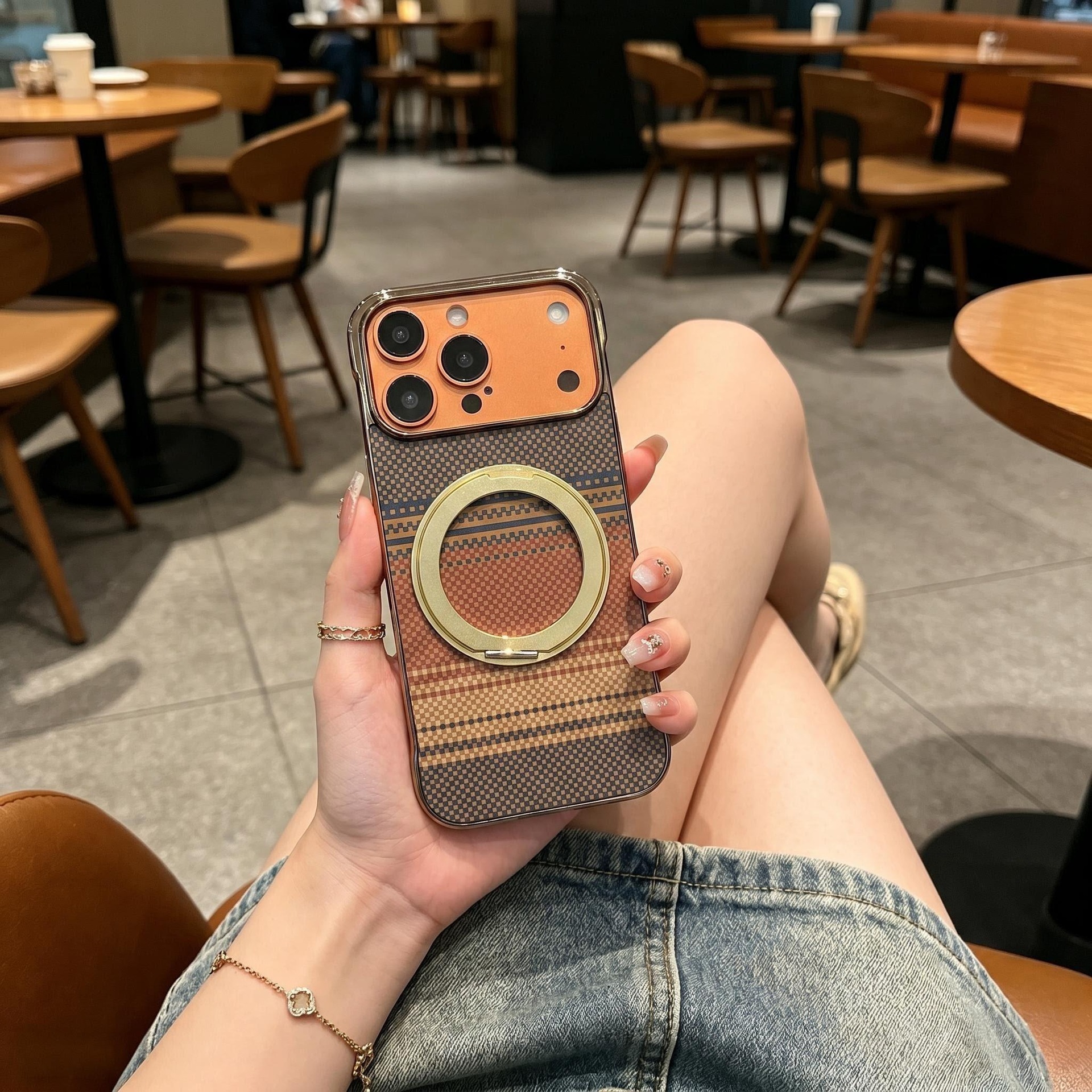 Compatible with Apple 17 Pro Max phone case, 16 Pro magnetic rotating ring holder, 15/14mm skin-feel semi-enclosed back cover