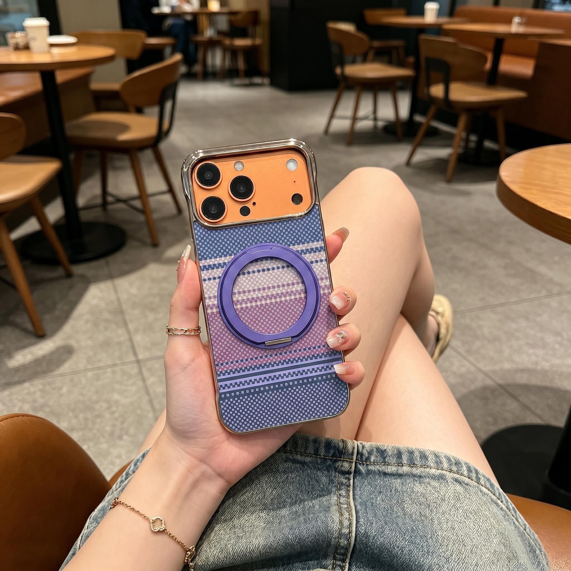 Compatible with Apple 17 Pro Max phone case, 16 Pro magnetic rotating ring holder, 15/14mm skin-feel semi-enclosed back cover