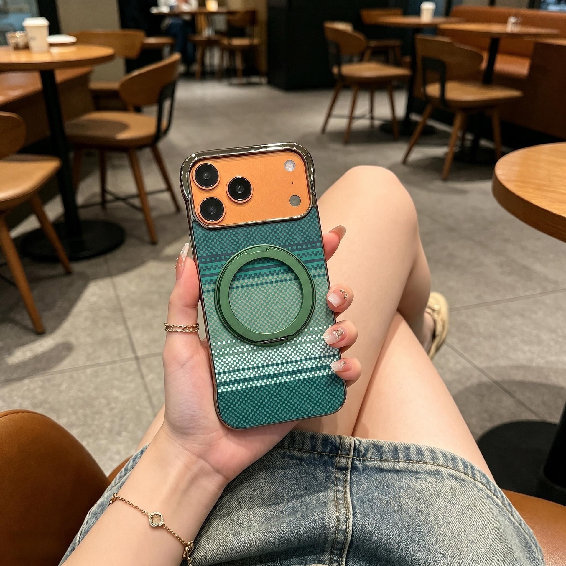 Compatible with Apple 17 Pro Max phone case, 16 Pro magnetic rotating ring holder, 15/14mm skin-feel semi-enclosed back cover