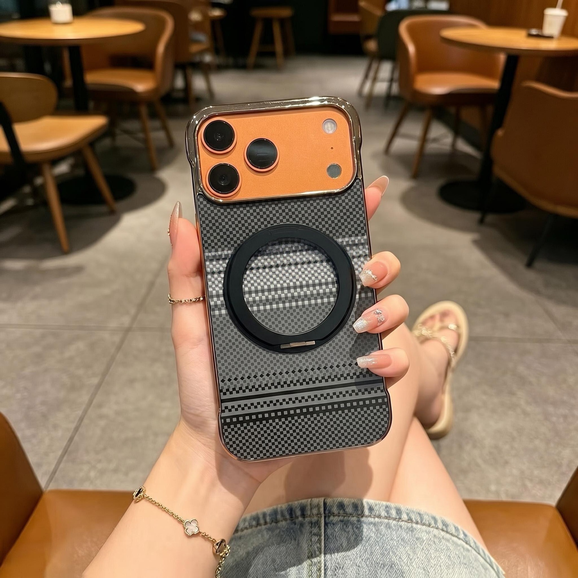 Compatible with Apple 17 Pro Max phone case, 16 Pro magnetic rotating ring holder, 15/14mm skin-feel semi-enclosed back cover