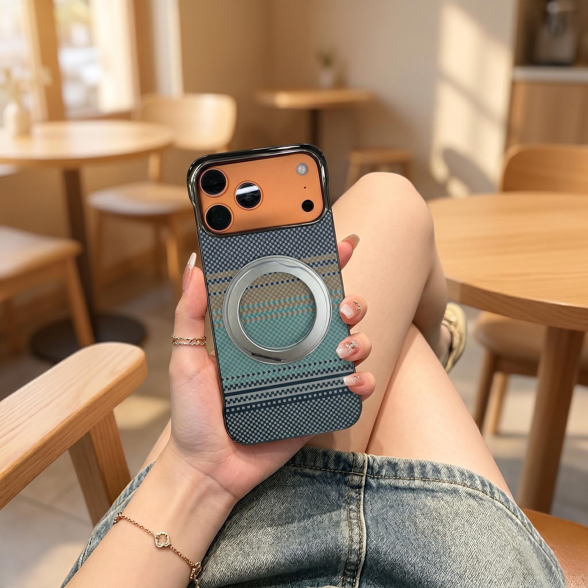 Compatible with Apple 17 Pro Max phone case, 16 Pro magnetic rotating ring holder, 15/14mm skin-feel semi-enclosed back cover
