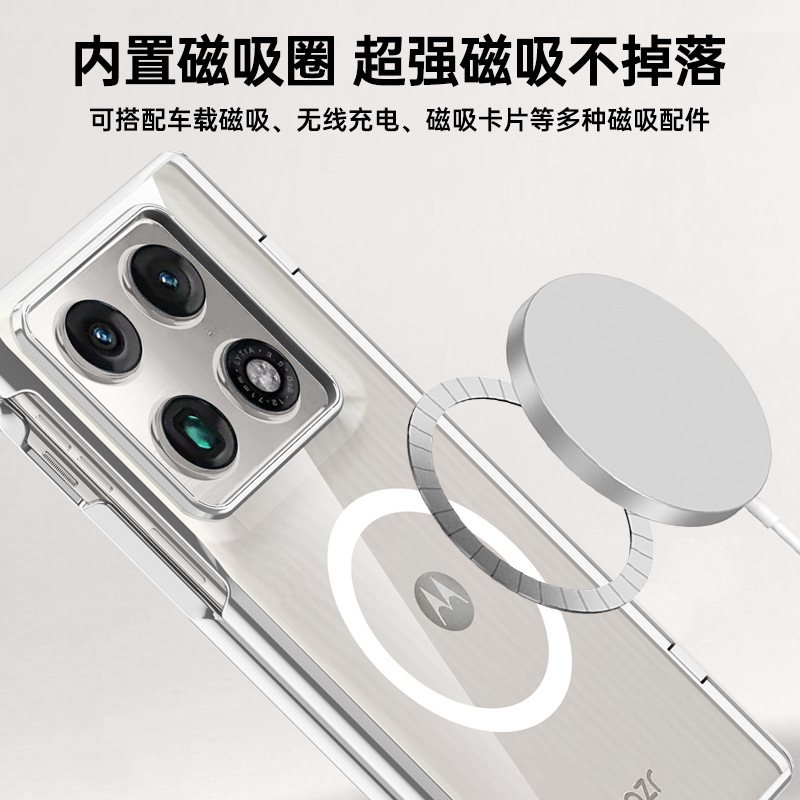 Compatible with Moto Razr Fold phone case, transparent electroplated, wireless charging, magnetic clasp, central axis case, full-coverage protective case.