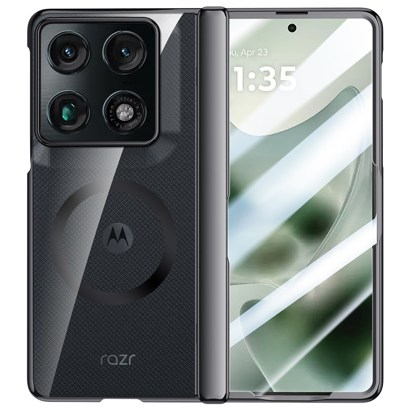 Compatible with Moto Razr Fold phone case, transparent electroplated, wireless charging, magnetic clasp, central axis case, full-coverage protective case.