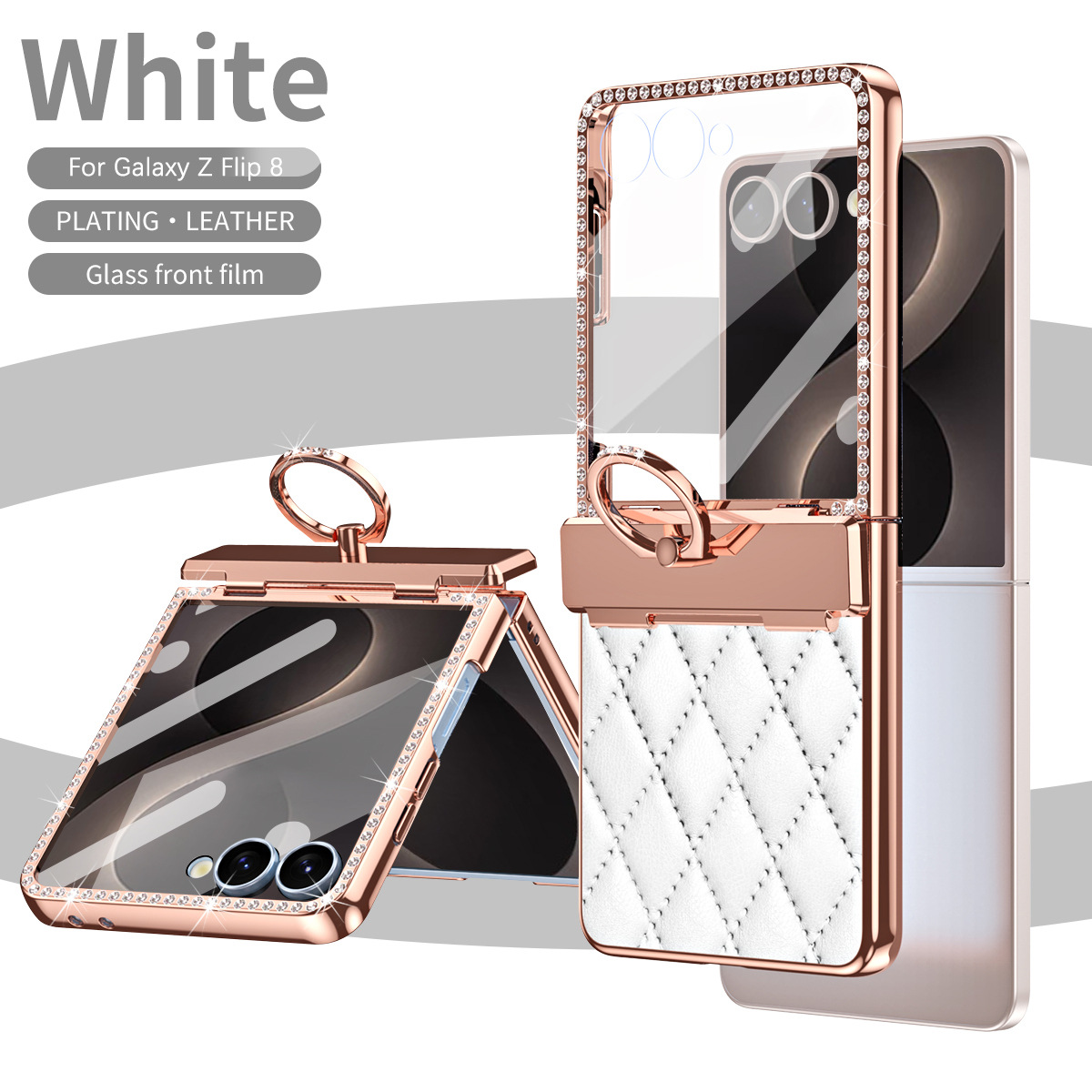 Compatible with Samsung Z Flip8 phone case, Flip7 rhinestone mini ring holder case, screen protector, full coverage protective case