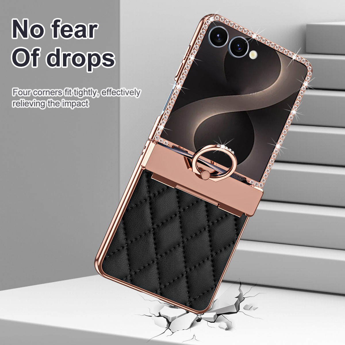 Compatible with Samsung Z Flip8 phone case, Flip7 rhinestone mini ring holder case, screen protector, full coverage protective case
