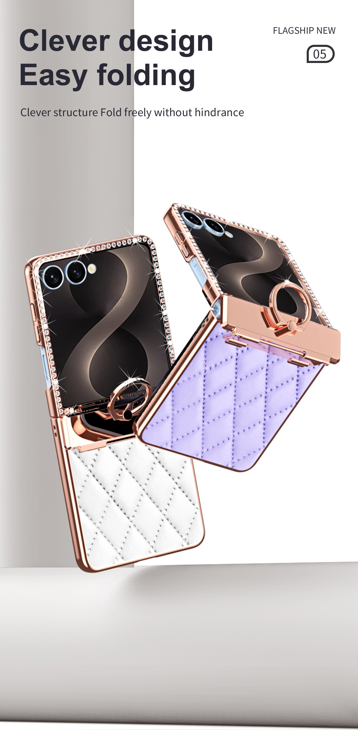 Compatible with Samsung Z Flip8 phone case, Flip7 rhinestone mini ring holder case, screen protector, full coverage protective case