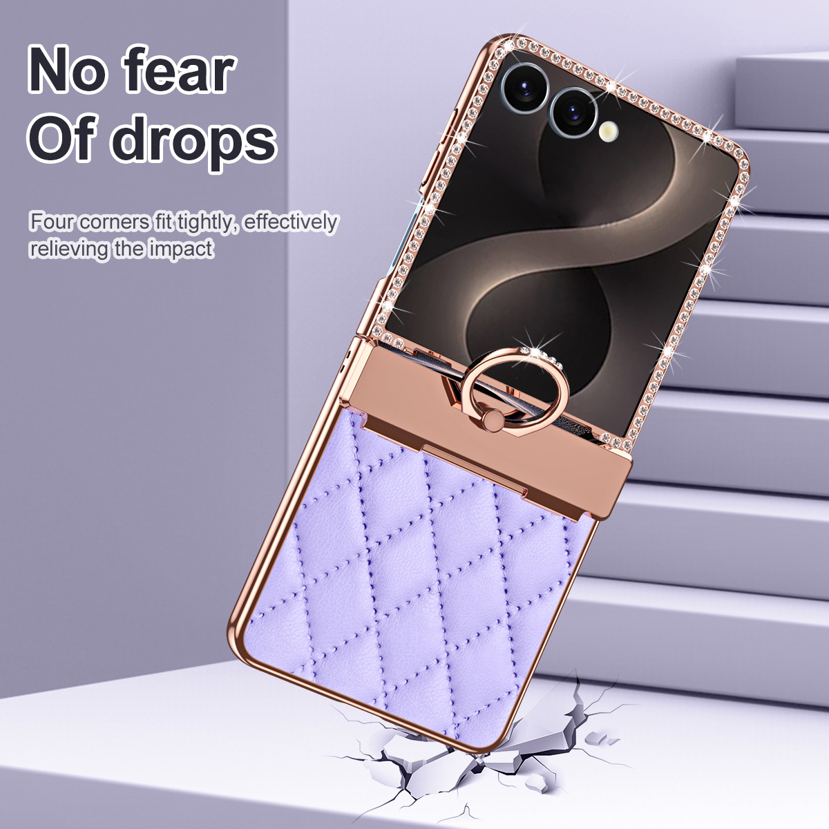 Compatible with Samsung Z Flip8 phone case, Flip7 rhinestone mini ring holder case, screen protector, full coverage protective case