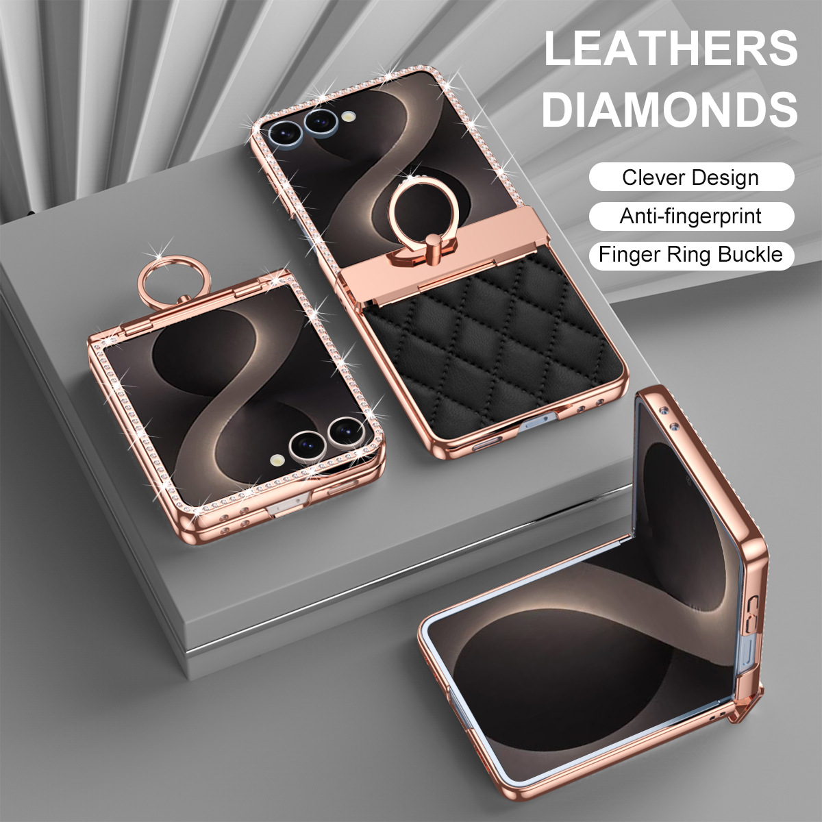 Compatible with Samsung Z Flip8 phone case, Flip7 rhinestone mini ring holder case, screen protector, full coverage protective case