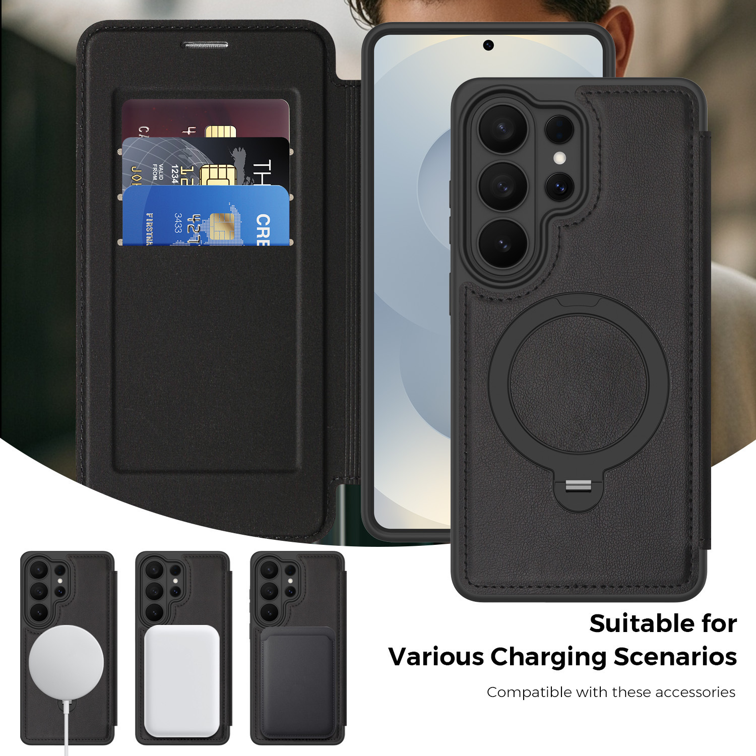 Compatible with Samsung S26 Ultra phone case A57 flip phone with SIM card slot 25P rotating stand S24 business leather case A35