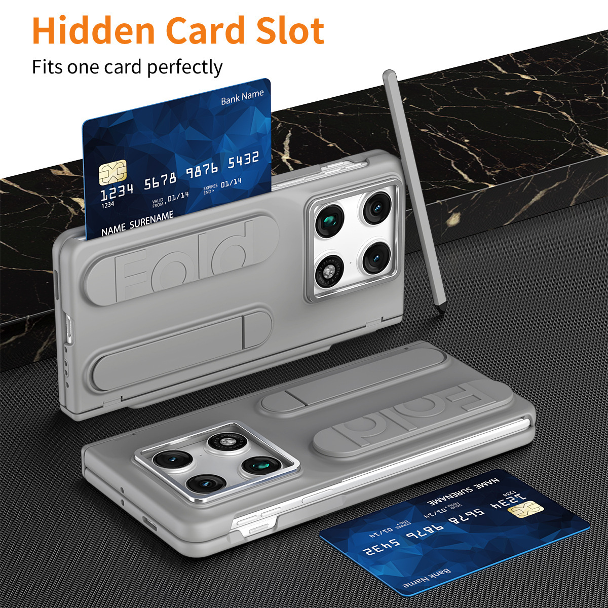 Compatible Motorola Razr Fold phone case with pen slot, card slot, hinge, and screen protector.