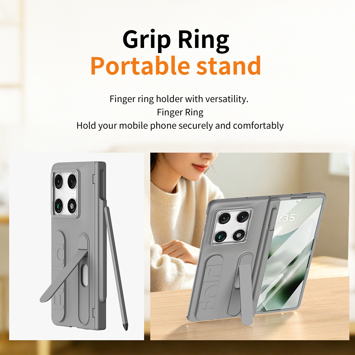Compatible Motorola Razr Fold phone case with pen slot, card slot, hinge, and screen protector.